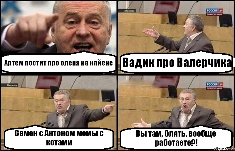 Артем постит про оленя на кайене Вадик про Валерчика Семен с Антоном мемы с котами Вы там, блять, вообще работаете?!, Комикс Жириновский