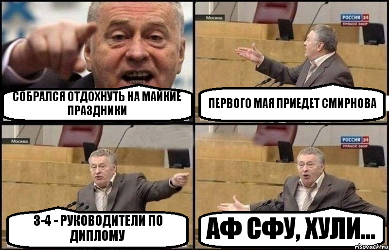 СОБРАЛСЯ ОТДОХНУТЬ НА МАЙКИЕ ПРАЗДНИКИ ПЕРВОГО МАЯ ПРИЕДЕТ СМИРНОВА 3-4 - РУКОВОДИТЕЛИ ПО ДИПЛОМУ АФ СФУ, ХУЛИ..., Комикс Жириновский