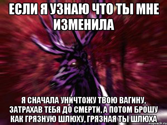 ЕСЛИ Я УЗНАЮ ЧТО ТЫ МНЕ ИЗМЕНИЛА Я СНАЧАЛА УНИЧТОЖУ ТВОЮ ВАГИНУ, ЗАТРАХАВ ТЕБЯ ДО СМЕРТИ, А ПОТОМ БРОШУ КАК ГРЯЗНУЮ ШЛЮХУ, ГРЯЗНАЯ ТЫ ШЛЮХА, Мем ЗЛОЙ ОЛЕНЬ