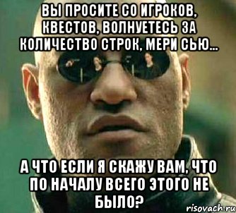 Вы просите со игроков, квестов, волнуетесь за количество строк, Мери Сью... А что если я скажу вам, что по началу всего этого не было?, Мем  а что если я скажу тебе