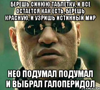 берешь синюю таблетку, и все остается как есть, берешь красную, и узришь истинный мир нео подумал подумал и выбрал галоперидол