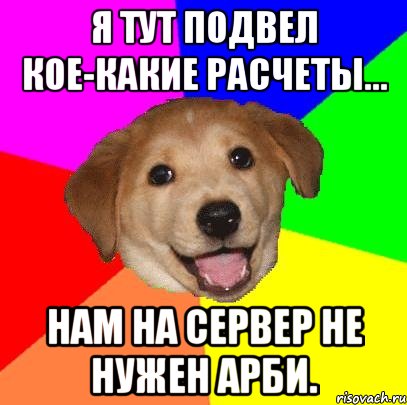 Я тут подвел кое-какие расчеты... Нам на сервер не нужен арби., Мем Advice Dog