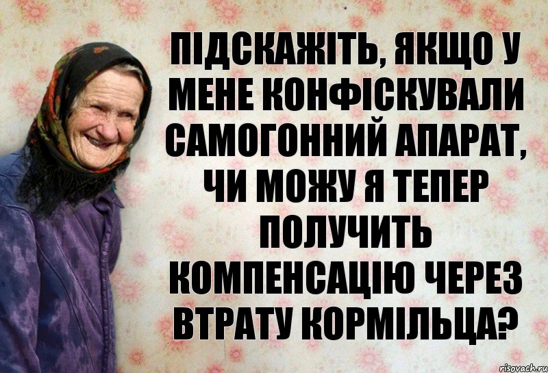 Підскажіть, якщо у мене конфіскували самогонний апарат, чи можу я тепер получить компенсацію через втрату кормільца?, Комикс Анекдоти Баби Нюри