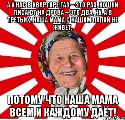 А у нас в квартире газ – это раз, Кошки писают на дрова – это два, Ну, а в третьих, наша мама С нашим папой не живёт, Потому что наша мама Всем и каждому даёт!, Мем  бабуля