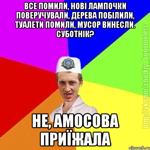 Все помили, нові лампочки поверучували, дерева побілили, туалети помили, мусор винесли. Суботнік? Не, амосова приїжала