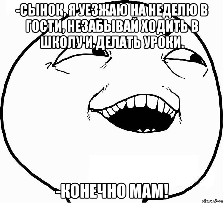 -Сынок, я уезжаю на неделю в гости, незабывай ходить в школу и делать уроки. -Конечно мам!, Мем Дааа