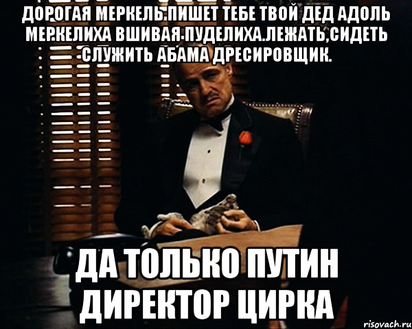 Дорогая меркель пишет тебе твой дед адоль меркелиха вшивая пуделиха.лежать,сидеть служить абама дресировщик. Да только путин директор цирка, Мем Дон Вито Корлеоне