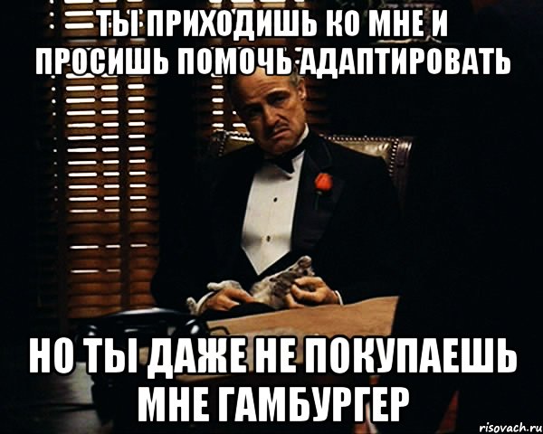 ты приходишь ко мне и просишь помочь адаптировать но ты даже не покупаешь мне гамбургер, Мем Дон Вито Корлеоне