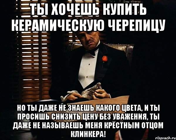 Ты хочешь купить керамическую черепицу Но ты даже не знаешь какого цвета, и ты просишь снизить цену без уважения, ты даже не называешь меня крёстным отцом Клинкера!, Мем Дон Вито Корлеоне