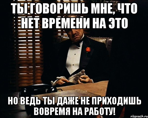 ТЫ ГОВОРИШЬ МНЕ, ЧТО НЕТ ВРЕМЕНИ НА ЭТО НО ВЕДЬ ТЫ ДАЖЕ НЕ ПРИХОДИШЬ ВОВРЕМЯ НА РАБОТУ!, Мем Дон Вито Корлеоне