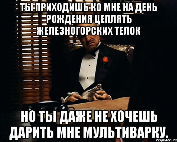 Ты приходишь ко мне на день рождения цеплять железногорских телок но ты даже не хочешь дарить мне мультиварку., Мем Дон Вито Корлеоне