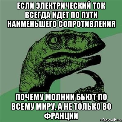 ЕСЛИ ЭЛЕКТРИЧЕСКИЙ ТОК ВСЕГДА ИДЕТ ПО ПУТИ НАИМЕНЬШЕГО СОПРОТИВЛЕНИЯ ПОЧЕМУ МОЛНИИ БЬЮТ ПО ВСЕМУ МИРУ, А НЕ ТОЛЬКО ВО ФРАНЦИИ, Мем Филосораптор