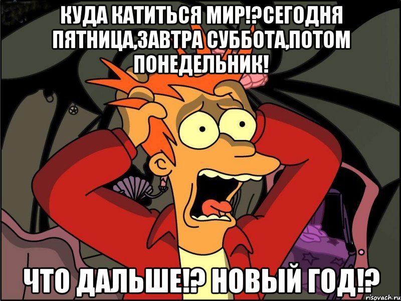 Куда катиться мир!?Сегодня пятница,завтра суббота,потом понедельник! Что дальше!? Новый год!?, Мем Фрай в панике