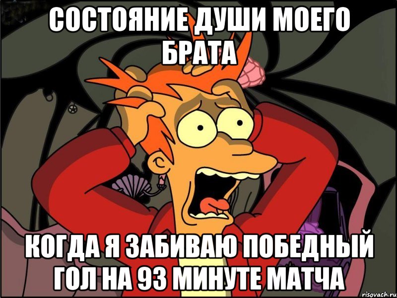 Состояние души моего брата Когда я забиваю победный гол на 93 минуте матча, Мем Фрай в панике