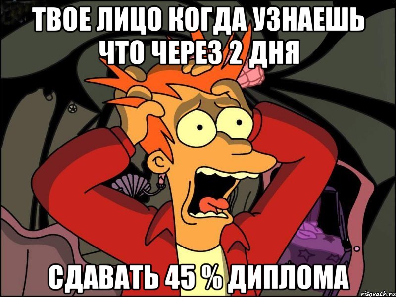 твое лицо когда узнаешь что через 2 дня сдавать 45 % диплома, Мем Фрай в панике