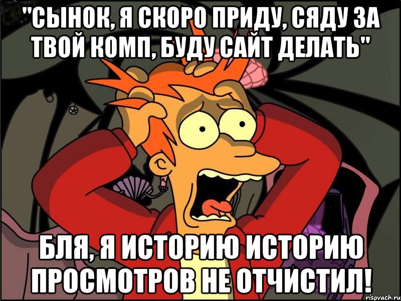 "Сынок, я скоро приду, сяду за твой комп, буду сайт делать" Бля, я историю историю просмотров не отчистил!, Мем Фрай в панике