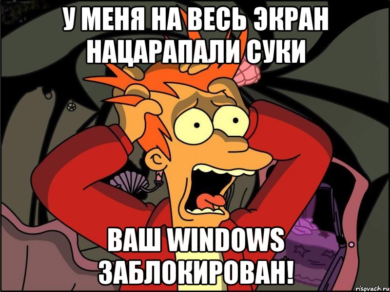 У меня на весь экран нацарапали суки ВАШ WINDOWS ЗАБЛОКИРОВАН!, Мем Фрай в панике