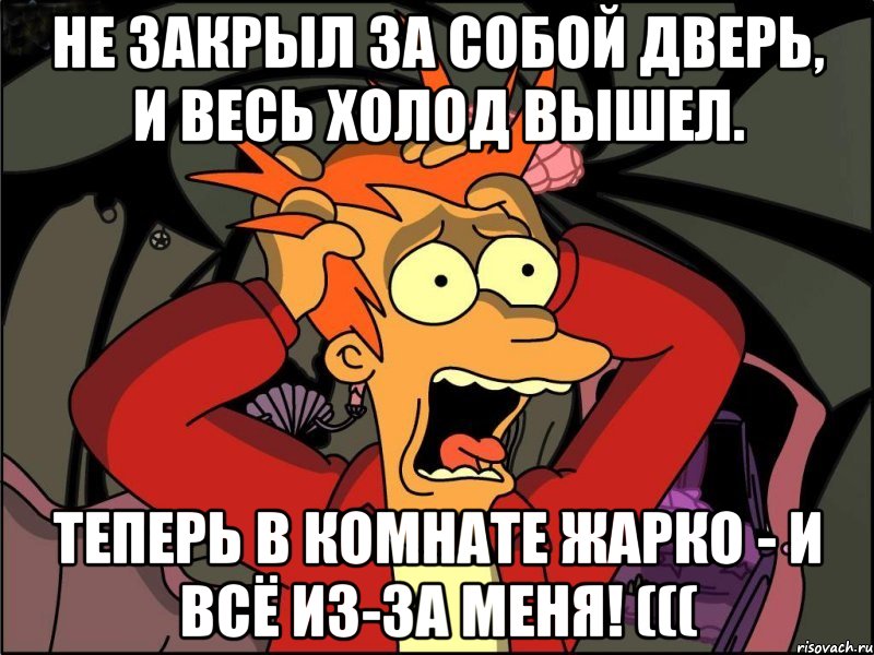 Не закрыл за собой дверь, и весь холод вышел. Теперь в комнате жарко - и всё из-за меня! (((, Мем Фрай в панике