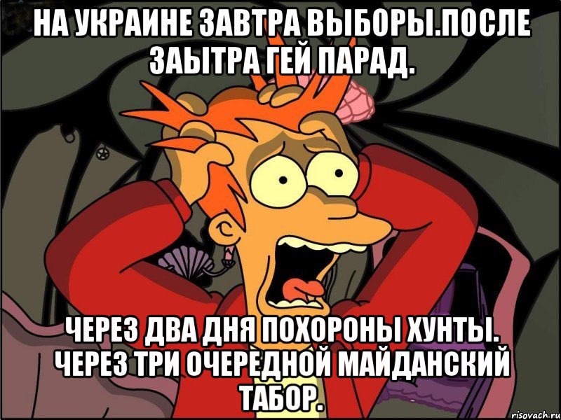 На украине завтра выборы.после заытра гей парад. Через два дня похороны хунты. Через три очередной майданский табор., Мем Фрай в панике