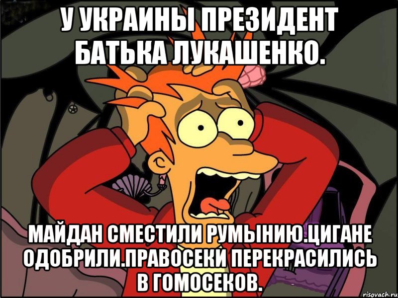 У украины президент батька лукашенко. Майдан сместили румынию.цигане одобрили.правосеки перекрасились в гомосеков., Мем Фрай в панике