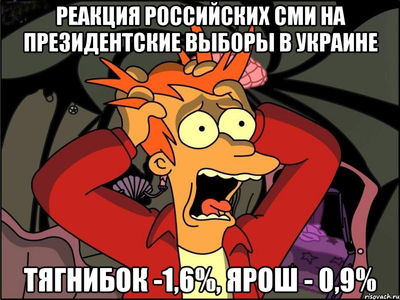 Реакция российских СМИ на президентские выборы в Украине Тягнибок -1,6%, Ярош - 0,9%, Мем Фрай в панике