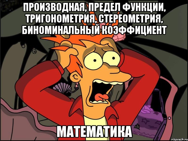 производная, предел функции, тригонометрия, стереометрия, биноминальный коэффициент МАТЕМАТИКА, Мем Фрай в панике