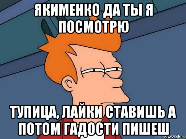 Якименко да ты я посмотрю тупица, лайки ставишь а потом гадости пишеш, Мем  Фрай (мне кажется или)