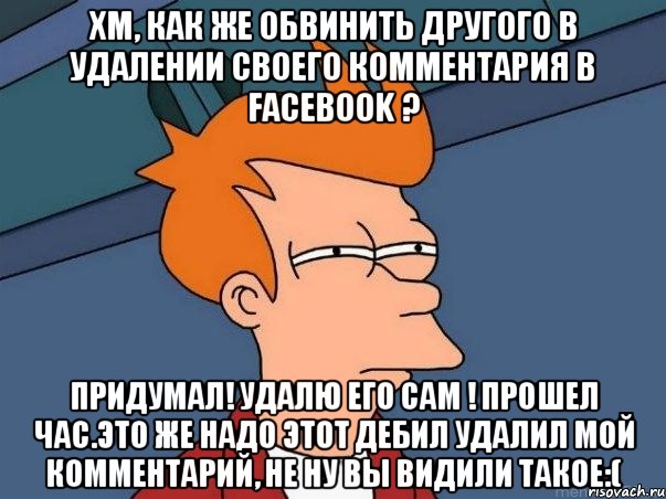 Хм, как же обвинить другого в удалении своего комментария в Facebook ? Придумал! Удалю его сам ! Прошел час.Это же надо этот дебил удалил мой комментарий, не ну вы видили такое:(, Мем  Фрай (мне кажется или)