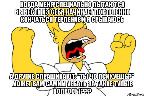 КОГДА МЕНЯ СПЕЦИАЛЬНО ПЫТАЮТСЯ ВЫВЕСТИ ИЗ СЕБЯ,НАЧИНАЕТ ПОСТЕПЕННО КОНЧАТЬСЯ ТЕРПЕНИЕ И Я СРЫВАЮСЬ А ДРУГИЕ СПРАШИВАЮТ: "ТЫ ЧО ПСИХУЕШЬ?" МОЖЕТ ВАМ САМИМ УЕБАТЬ ЗА ТАКИЕ ТУПЫЕ ВОПРОСЫ???, Мем Разъяренный Гомер