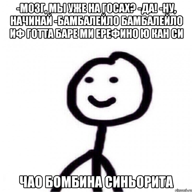 -Мозг, мы уже на госах? -Да! -Ну, начинай -БАМБАЛЕЙЛО БАМБАЛЕЙЛО ИФ ГОТТА БАРЕ МИ ЕРЕФИНО Ю КАН СИ ЧАО БОМБИНА СИНЬОРИТА, Мем Теребонька (Диб Хлебушек)