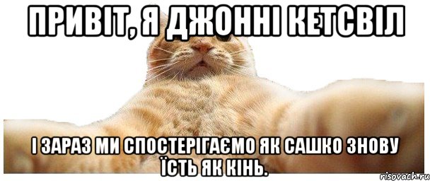 Привіт, я Джонні Кетсвіл і зараз ми спостерігаємо як Сашко знову їсть як кінь., Мем   Кэтсвилл