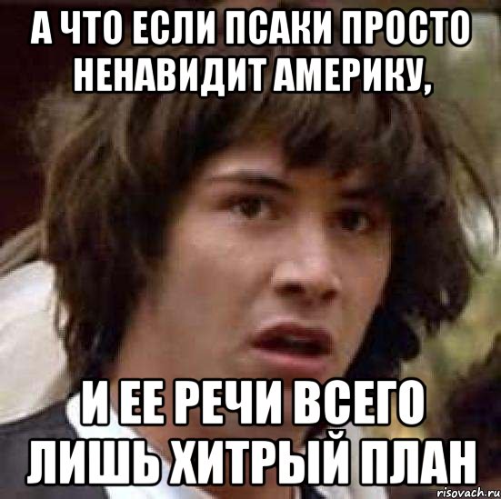 А что если Псаки просто ненавидит Америку, И ее речи всего лишь хитрый план, Мем А что если (Киану Ривз)