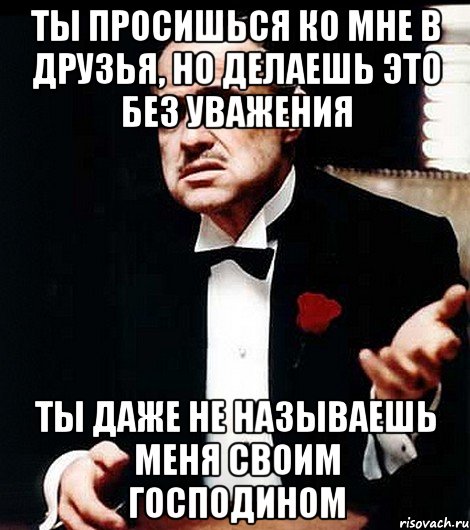 ты просишься ко мне в друзья, но делаешь это без уважения ты даже не называешь меня своим господином, Мем ты делаешь это без уважения