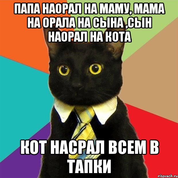 Папа наорал на маму, мама на орала на сына ,сын наорал на кота КОТ НАСРАЛ ВСЕМ В ТАПКИ, Мем  Кошечка