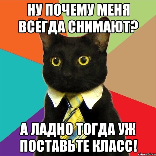 ну почему меня всегда снимают? А ладно тогда уж поставьте класс!, Мем  Кошечка