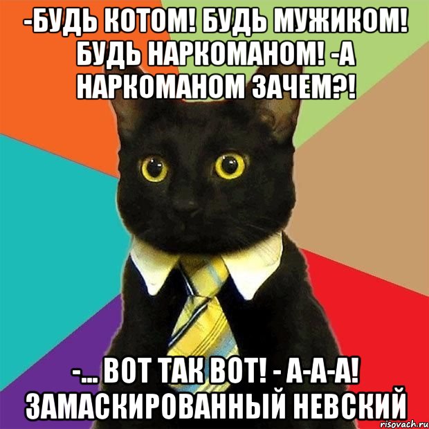 -Будь котом! Будь мужиком! Будь наркоманом! -А наркоманом зачем?! -... Вот так вот! - А-а-а! Замаскированный Невский, Мем  Кошечка