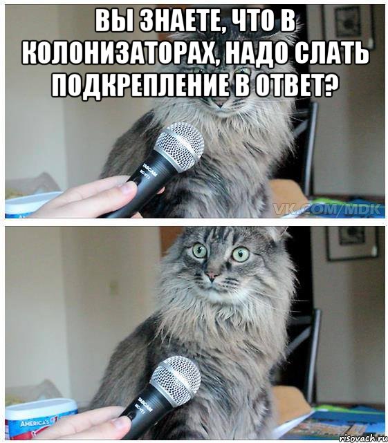 Вы знаете, что в колонизаторах, надо слать подкрепление в ответ? , Комикс  кот с микрофоном