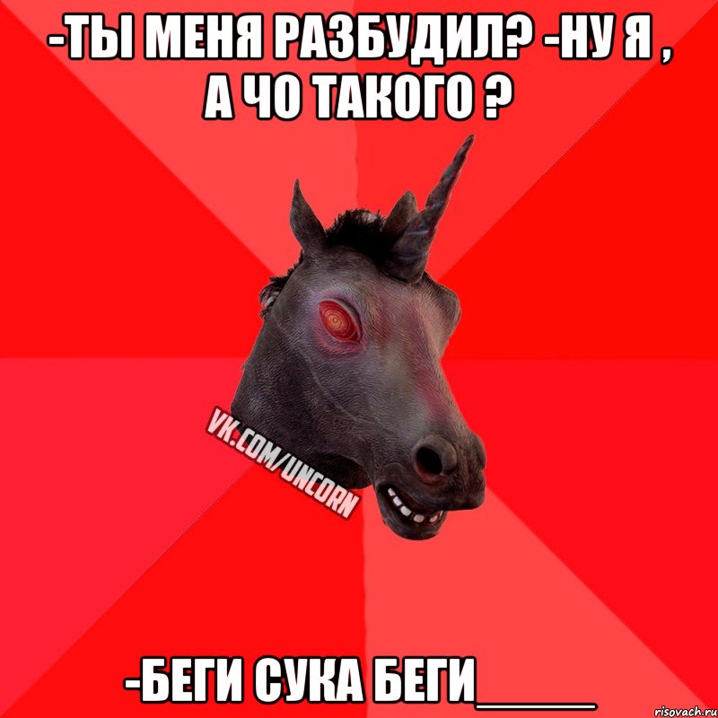 -ты меня разбудил? -ну я , а чо такого ? -беги сука беги____, Мем  Лютый Единорог