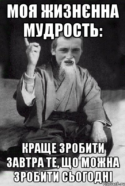 Моя жизнєнна мудрость: Краще зробити завтра те, що можна зробити сьогодні, Мем Мудрий паца