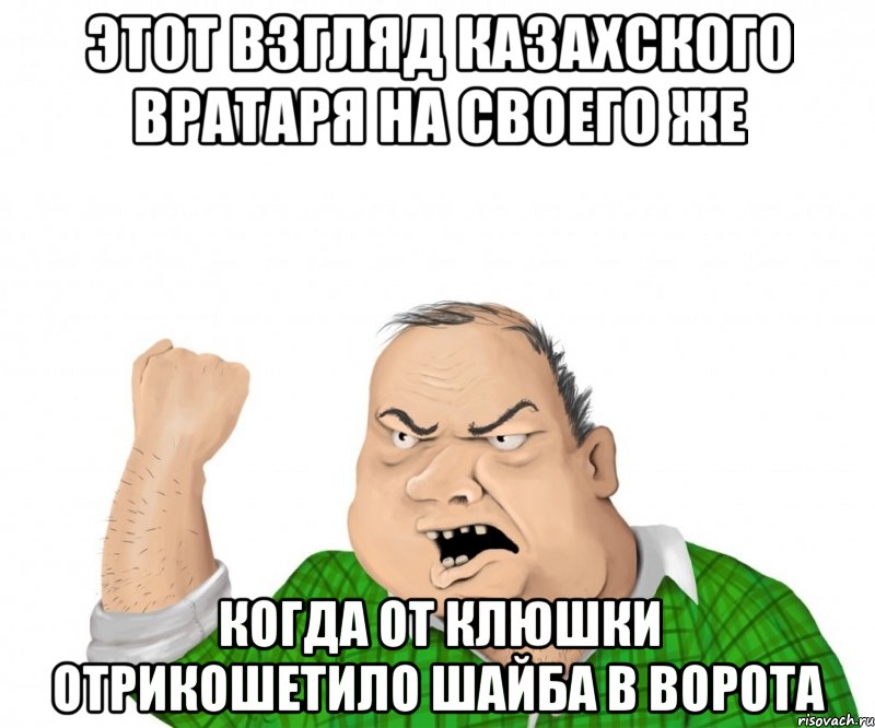 этот взгляд казахского вратаря на своего же когда от клюшки отрикошетило шайба в ворота, Мем мужик