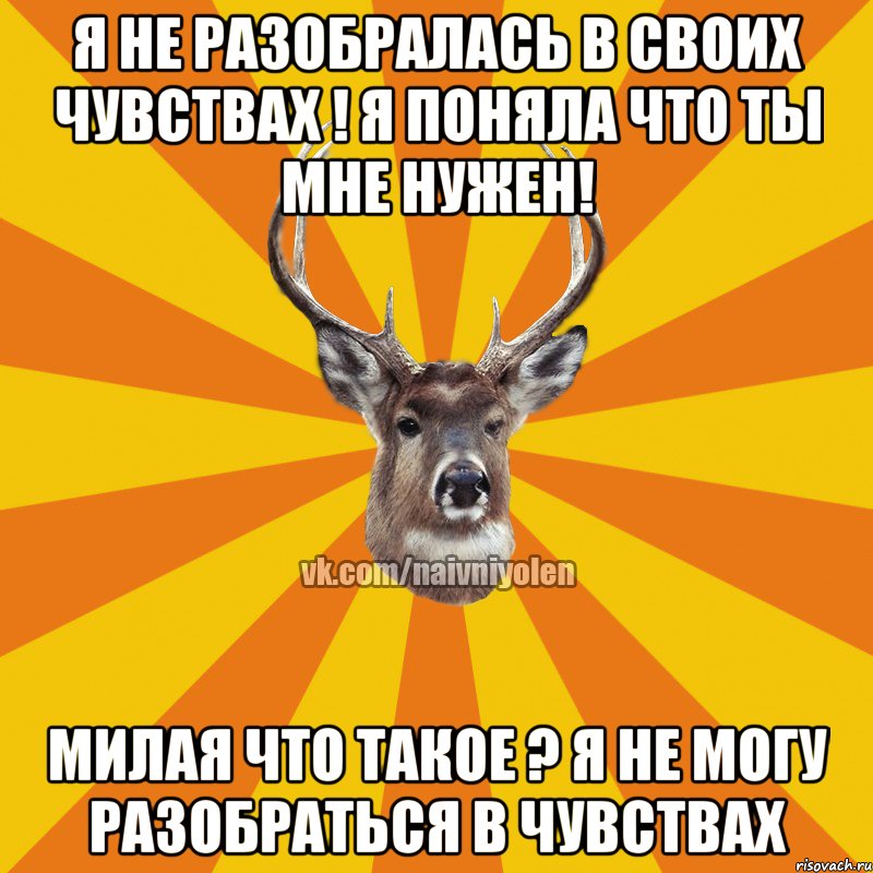 я не разобралась в своих чувствах ! я поняла что ты мне нужен! милая что такое ? я не могу разобраться в чувствах, Мем Наивный Олень вк