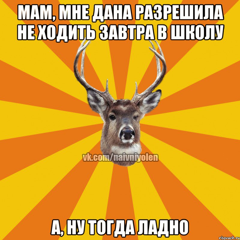 мам, мне дана разрешила не ходить завтра в школу а, ну тогда ладно, Мем Наивный Олень вк