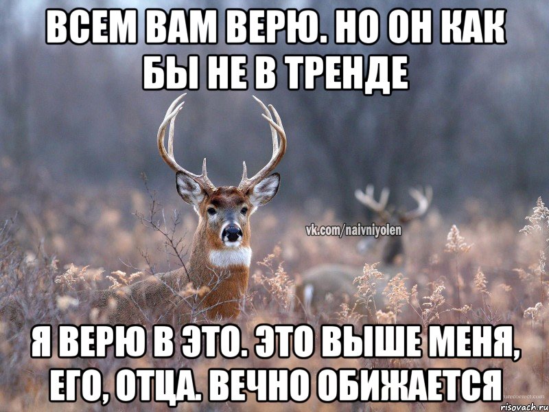 всем вам верю. но он как бы не в тренде я верю в это. Это выше меня, его, отца. Вечно обижается, Мем   Наивный олень