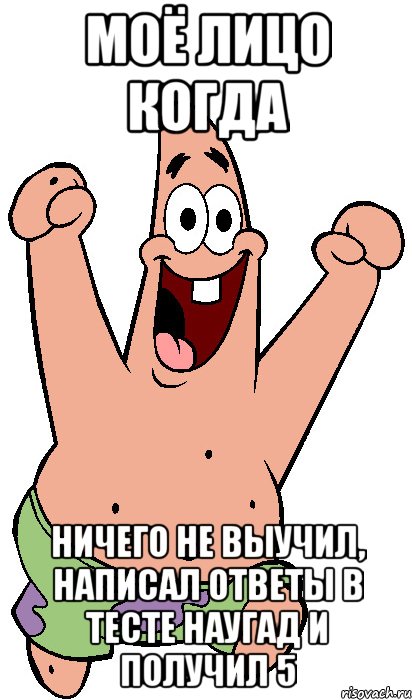 Моё лицо когда ничего не выучил, написал ответы в тесте наугад и получил 5, Мем Радостный Патрик