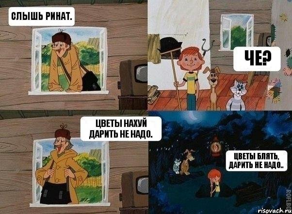 Слышь Ринат. Че? Цветы нахуй дарить не надо. Цветы блять, дарить не надо.., Комикс  Простоквашино (Печкин)