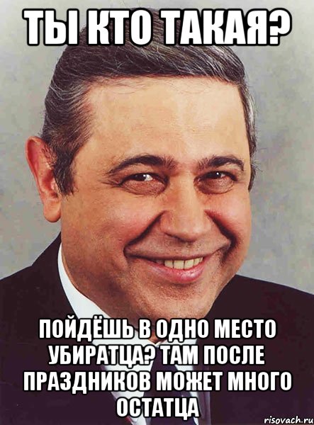 ты кто такая? пойдёшь в одно место убиратца? там после праздников может много остатца, Мем петросян