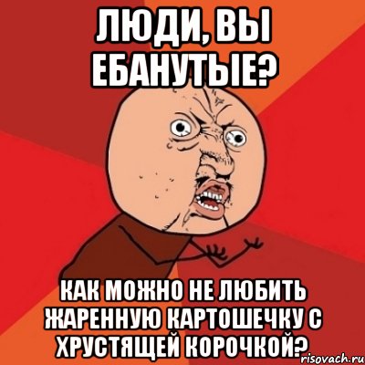 Люди, вы ебанутые? КАК МОЖНО НЕ ЛЮБИТЬ ЖАРЕННУЮ КАРТОШЕЧКУ С ХРУСТЯЩЕЙ КОРОЧКОЙ?, Мем Почему