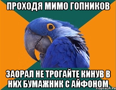 Проходя мимо гопников Заорал не трогайте кинув в них бумажник с айфоном, Мем Попугай параноик