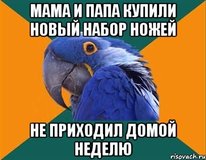 Мама и папа купили новый набор ножей Не приходил домой неделю, Мем Попугай параноик