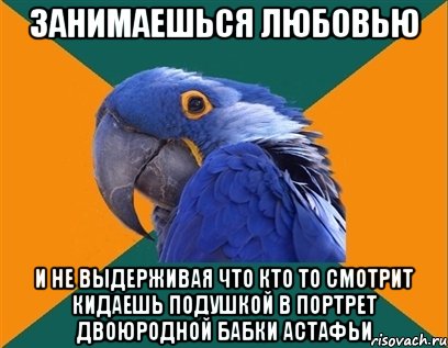 Занимаешься любовью И не выдерживая что кто то смотрит кидаешь подушкой в портрет двоюродной бабки Астафьи, Мем Попугай параноик